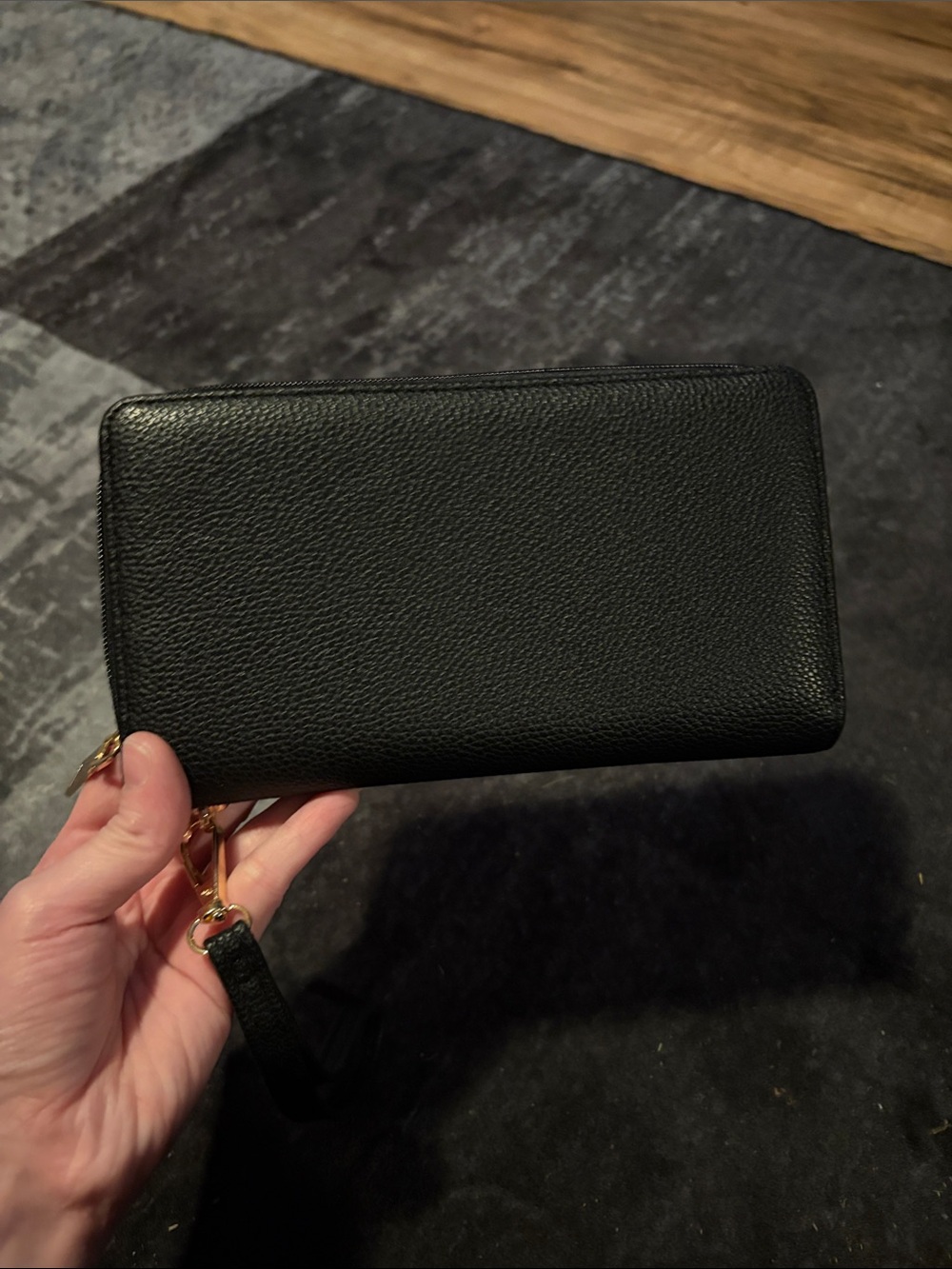 Black Zip-Around Wristlet Wallet with Gold Hardware